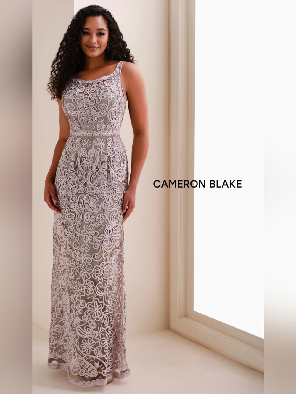 Cameron Blake Bateau Neckline Beaded Embroidered Formal Gown
